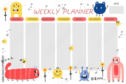 Weekly planner. Cute monsters cartoon notebook sheet template, poster for kids, mutants or aliens spooky character childish stationery design, pastel colors, vector comic flat isolated concept