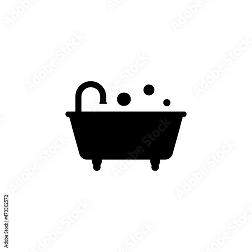 Legged bath with a tap and bubbles. Silhouette of bathtub on legs. Editable vector illustration and icon on white background.