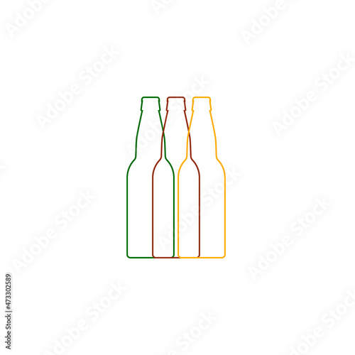 Colored beer bottles. Green, brown, yellow beer bottle together. Line style. Outline drawing. Isolated vector illustration on white background. 