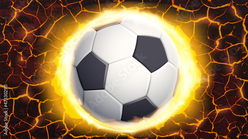 Soccer ball flying through the burning wall with cracks.