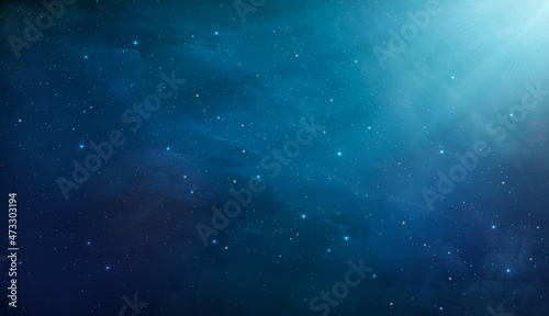 Space background. Blue cloud nebula with star field and sun. Digital painting