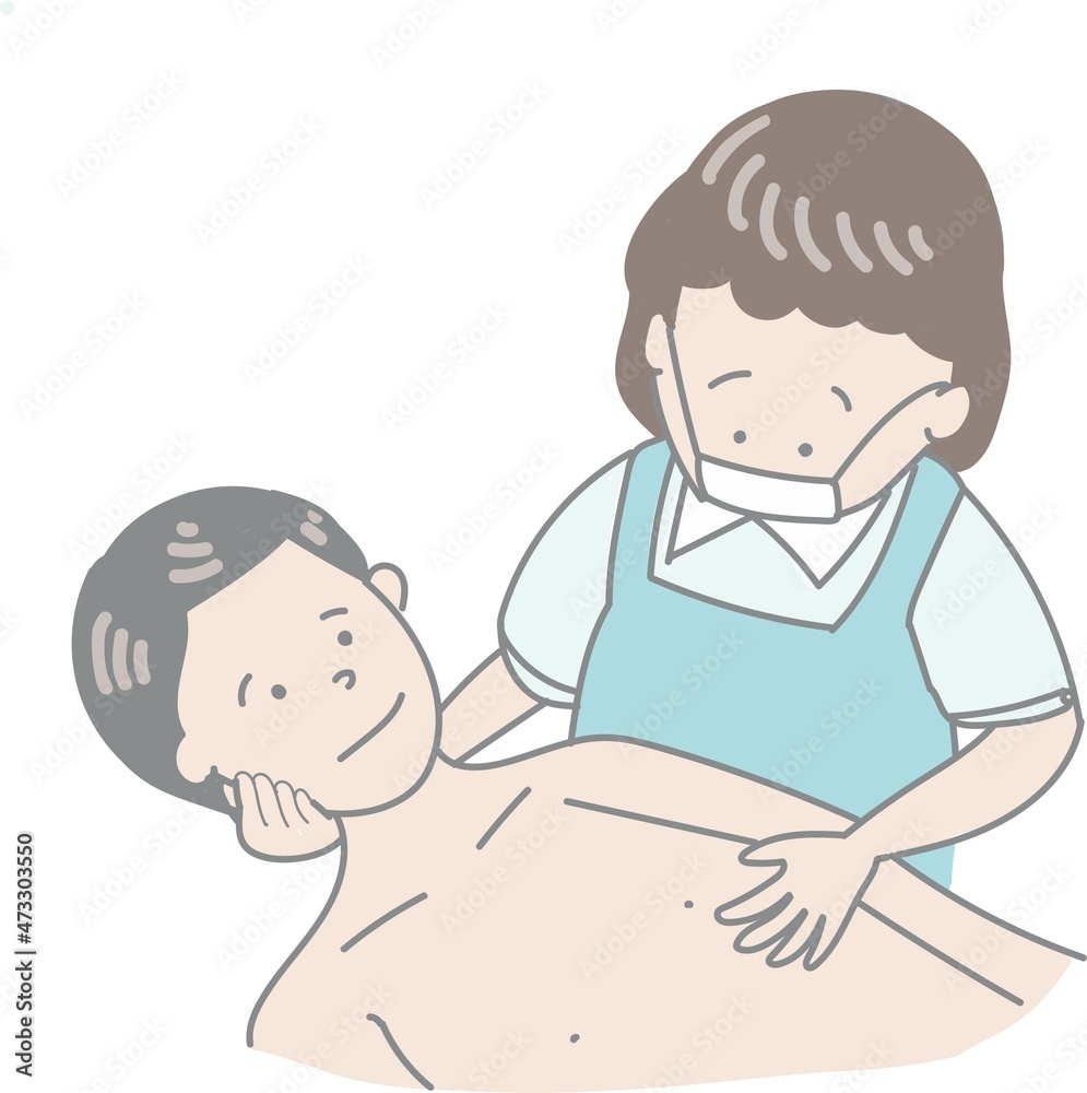 病気の男性の脱衣を介助する人のカラーイラスト 病気の男性の脱衣を介助する人のカラーイラスト