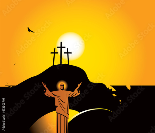 Easter banner with the resurrected Jesus Christ on the background of a hill with three crosses for crucifixions at dawn or sunset. Religious vector illustration in black and orange colors.