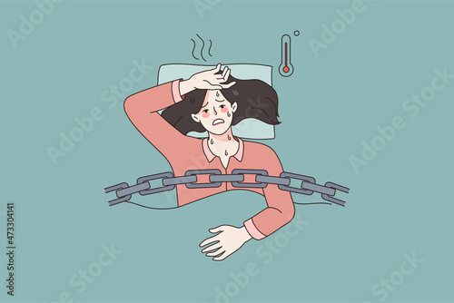 Fever and getting ill sick concept. Young woman staying in bed with high temperature feeling ill sick and having flu vector illustration 