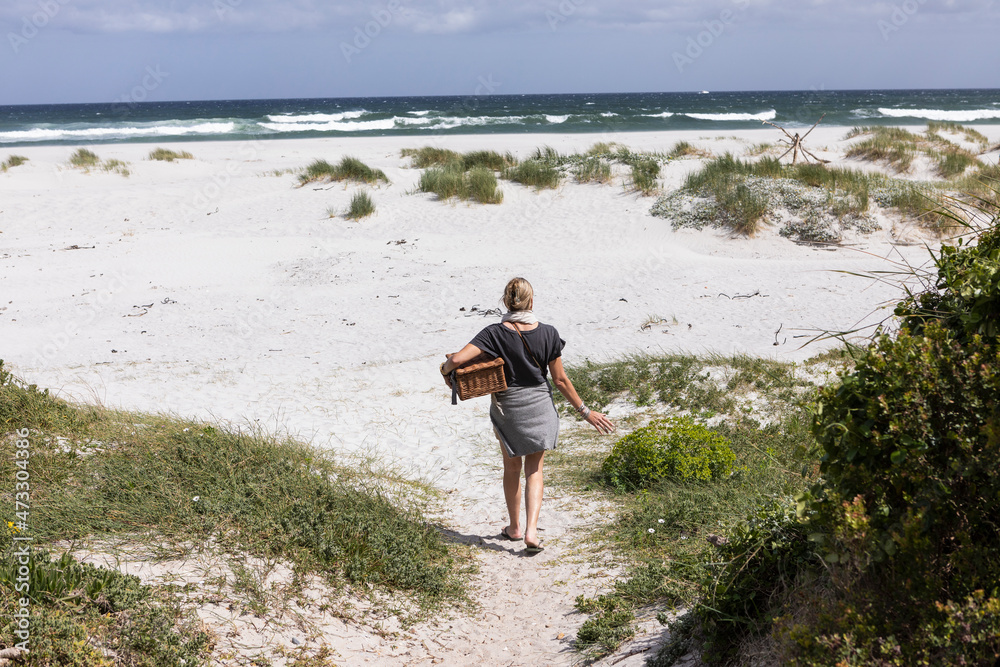 Adult woman carrying picnic basket on Grotto Beach, Hermanus, Western Cape, South Africa. Adult woman carrying picnic basket on Grotto Beach, Hermanus, Western Cape, South Africa.