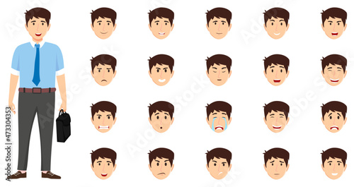 Businessman character set wearing business outfit with different facial expression and emotion sad angry happy unhappy cry cheerful isolated icon set