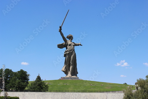 The city of Volgograd. Memorial complex "Mamayev Kurgan". Monument to Mother Motherland on top of the mound.