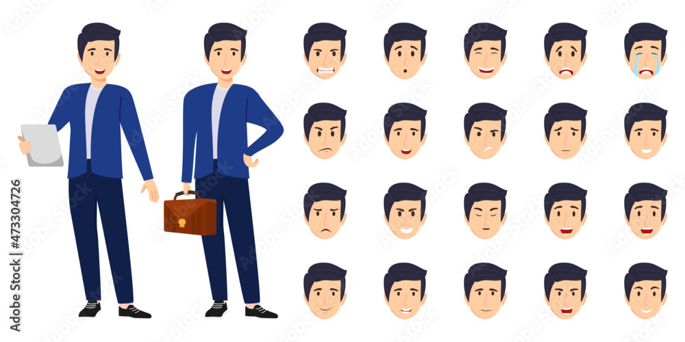 Fototapeta premium Modern businessman character set wearing business outfit with different facial expression and emotion sad angry happy unhappy posing standing cheerful isolated icon set