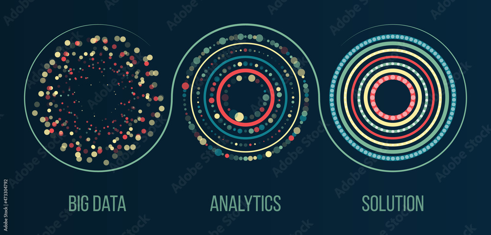Filtering machine algorithms. Modern Big data visualization. Information analytics concept. Sorting data. Vector technology background. Abstract stream information with circles array and binary code. - obrazy, fototapety, plakaty 