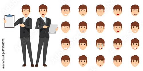 Businessman character set wearing business outfit with different facial expression and emotion sad angry happy unhappy cheerful isolated icon set