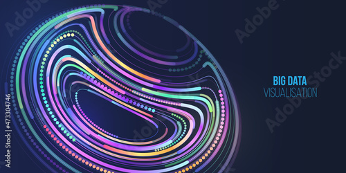 Modern Big data visualization. Processing of data arrays, sorting. Filtering machine algorithms. Data stream in the form of an array of circles and binary code. Vector database background.