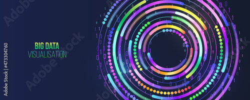 Modern Big data visualization. Processing of data arrays, sorting. Filtering machine algorithms. Data stream in the form of an array of circles and binary code. Vector database background.