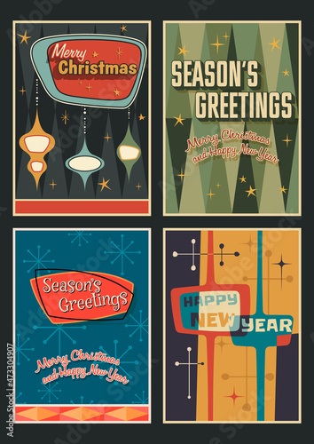 Season's Greetings! Christmas and New Year Greeting Cards, Mid Century Modern Art Stylization