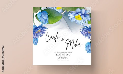 Beautiful watercolor blue lotus flower invitation card
