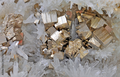 Quartz crystals beautiful pyrite cubes photo