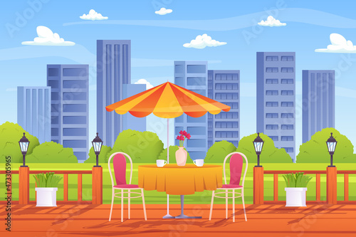 Summer outdoor cafe concept in flat cartoon design. Terrace with cups on table and chairs, umbrella, wooden fence with lanterns, green plants and skyscrapers view. Vector illustration background