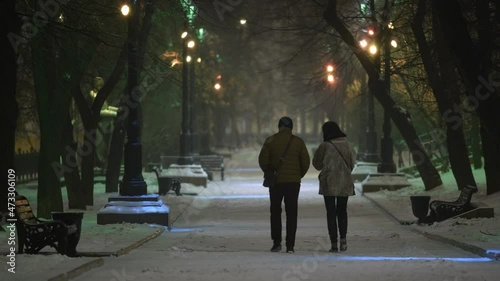 A couple, a man and a woman walk through the night park alone in winter. Winter Park at night