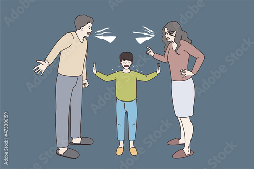 Conflict and fight in family concept. Small crying boy standing between two screaming angry parents trying to comfort them vector illustration 