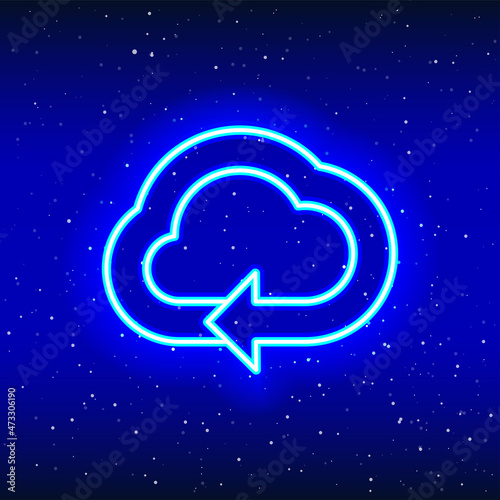 Neon linear design of moving arrow in cloud. neon cloud. Cloud at the marker arrow. Weather in space with neon. Unique and realistic neon icon. Linear icon on blue background.