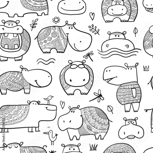 Hippopotamus family, cute hippo characters. Seamless Pattern Background for y...