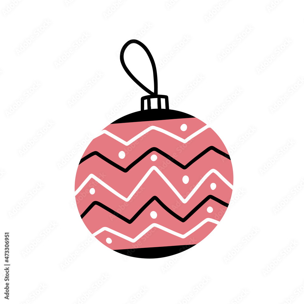 Christmas tree toy pink ball with different angular black and white lines and dots in simple doodle style. Christmas tree toy pink ball with different angular black and white lines and dots in simple doodle style.