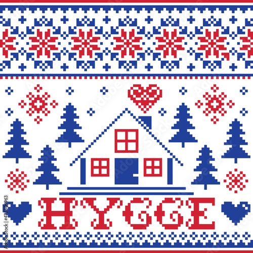 Hygge vector cross-stitch winter or Christmas seamless pattern - Danish and Norwegian design with home, trees, snow and hearts 
