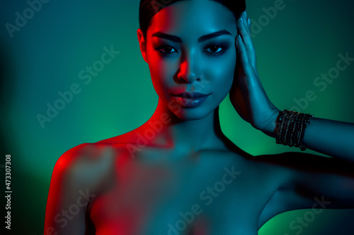 Cropped photo of pretty lady prepare luxurious disco event wear bracelet isolated futuristic colorful background