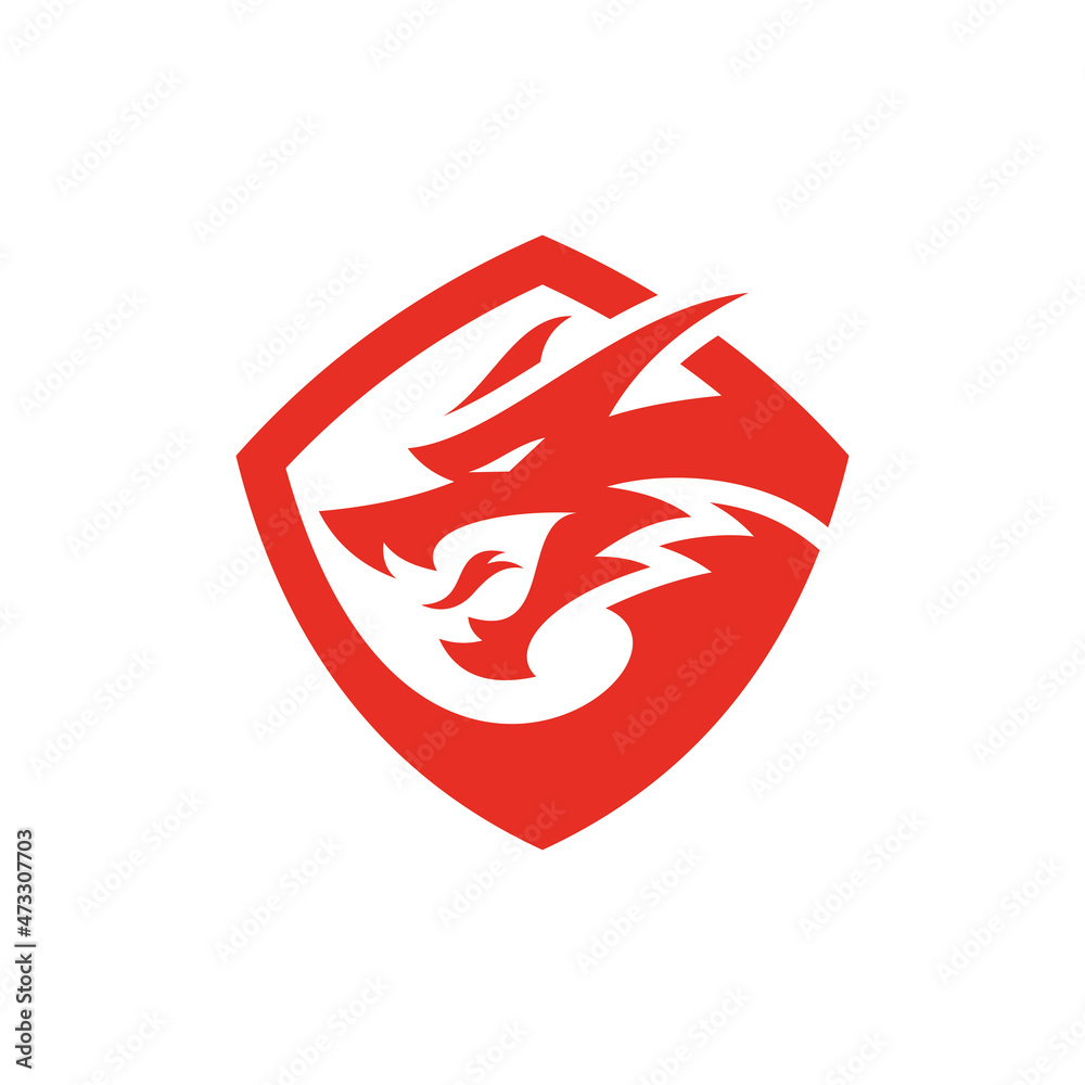 Angry dragon head and shield, badge, emblem vector icon logo Angry dragon head and shield, badge, emblem vector icon logo