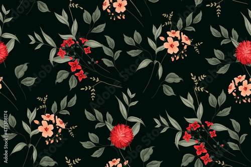Seamless floral pattern, abstract botanical print with large red flowers on black. Elegant nature design for wallpaper, textile: hand-drawn flowers, leaves on dark. Vector repeat flower illustration. 