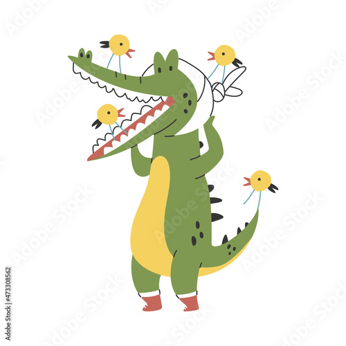 Cute crocodile heals teeth vector cartoon character isolated on a white background.