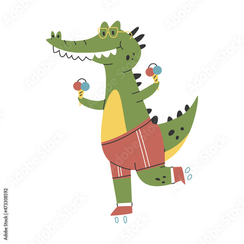 Cute crocodile rollerblading vector cartoon character isolated on a white background.