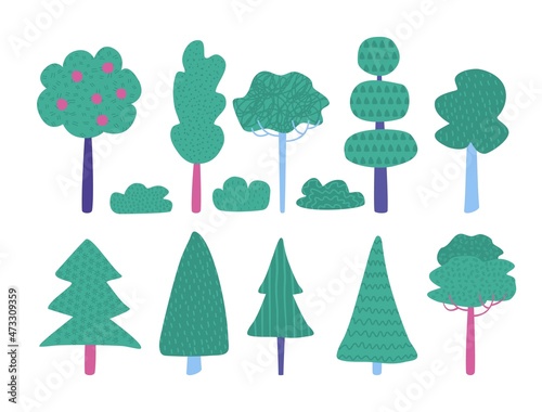 Different simple trees and shrubs on white background. Color vector set.