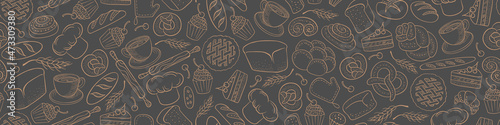 Bakery doodles background. Seamless horizontal border with cakes and bakery products. Vector illustration.