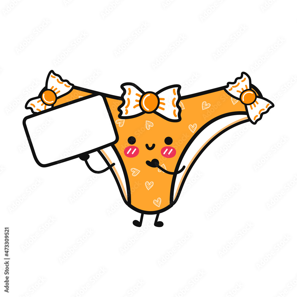 Obraz premium Cute funny orange panties with poster. Vector hand drawn cartoon kawaii character illustration icon. Isolated on white background. Orange panties think concept