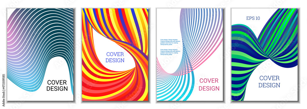 A set of 4 abstract covers. Wavy parallel gradient lines, ribbons evolve. Cover design, background. Trendy banner, poster. A set of 4 abstract covers. Wavy parallel gradient lines, ribbons evolve. Cover design, background. Trendy banner, poster.