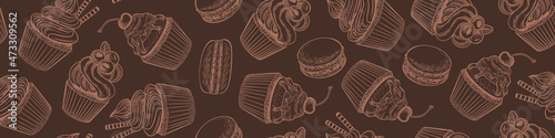 Seamless pattern with sketchy desserts on brown background. Doodle cakes and macaroons horizontal border. Vector illustration.