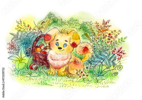 watercolor illustration of a puppy in the forest with mushrooms