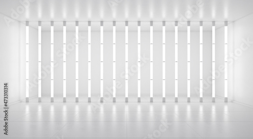 Bright abstract 3d background. White room with vertical cylindrical lights. 3d illustration.