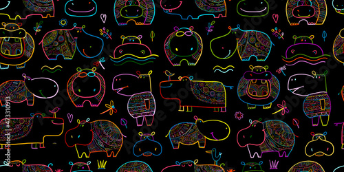 Hippopotamus family, cute hippo characters. Seamless Pattern Background for y...