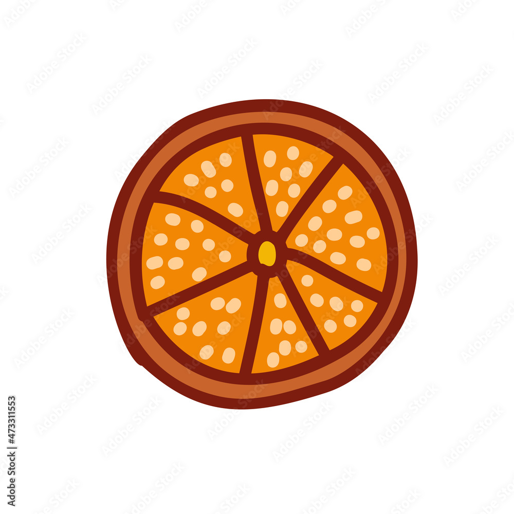 Slice of Orange in the section. Vector flat fruit illustration. Hand