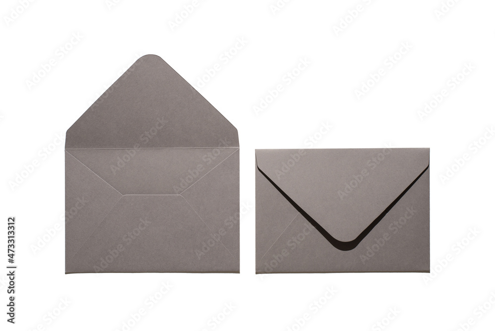 Top view photo of two open and closed grey envelopes on isolated white background with empty space Top view photo of two open and closed grey envelopes on isolated white background with empty space