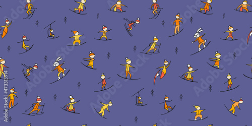 Snowboard time, people snowboarding from the mountain. Seamless pattern for your design