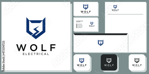 wolf electrical combination symbol abstract head storm thunder with brand identity template 