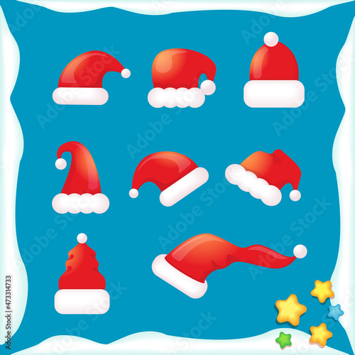 vector cartoon 3d christmas Santa Claus red hat icons set isolated on blue background. Merry christmas santa hat symbol collection . vector Merry Christmas decoration design elements