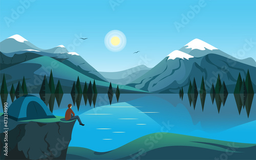 Vector landscape with mountains, lake, forest and traveller on blue background. Freedom journey concept of hiking