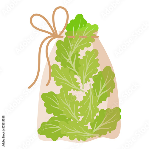 Fabric transparent reusable eco bag for weighing food, vegetables and fruits without using plastic bag with lettuce.