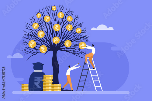 People picking and collecting Indian Rupee coins from a money tree