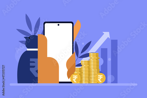 Hand holding a mobile phone with moneybag and Indian Rupee coins in the background