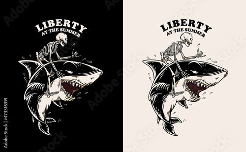 vintage skeleton riding a shark at the sea