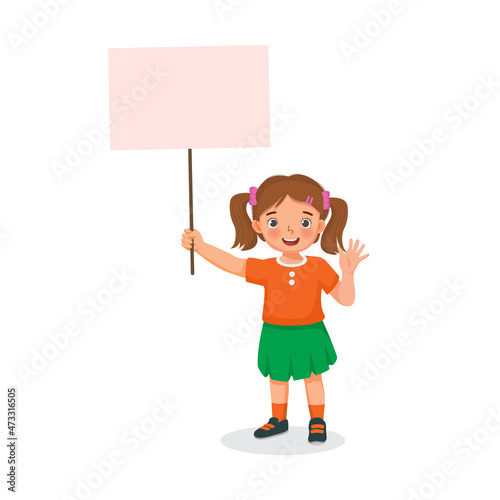 Cute little girl holding empty banner or sign board with blank copy space template for text, messages, and ads